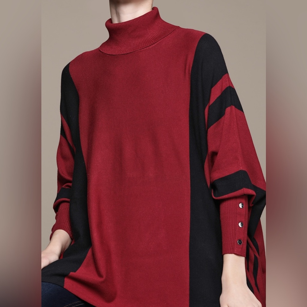 Striped Turtleneck Poncho Sweater